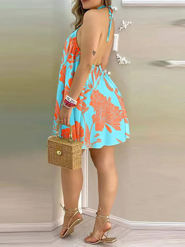 Loose Sleeveless Contrast Color Floral Printed Halter-Neck Mini Dresses - Image 2