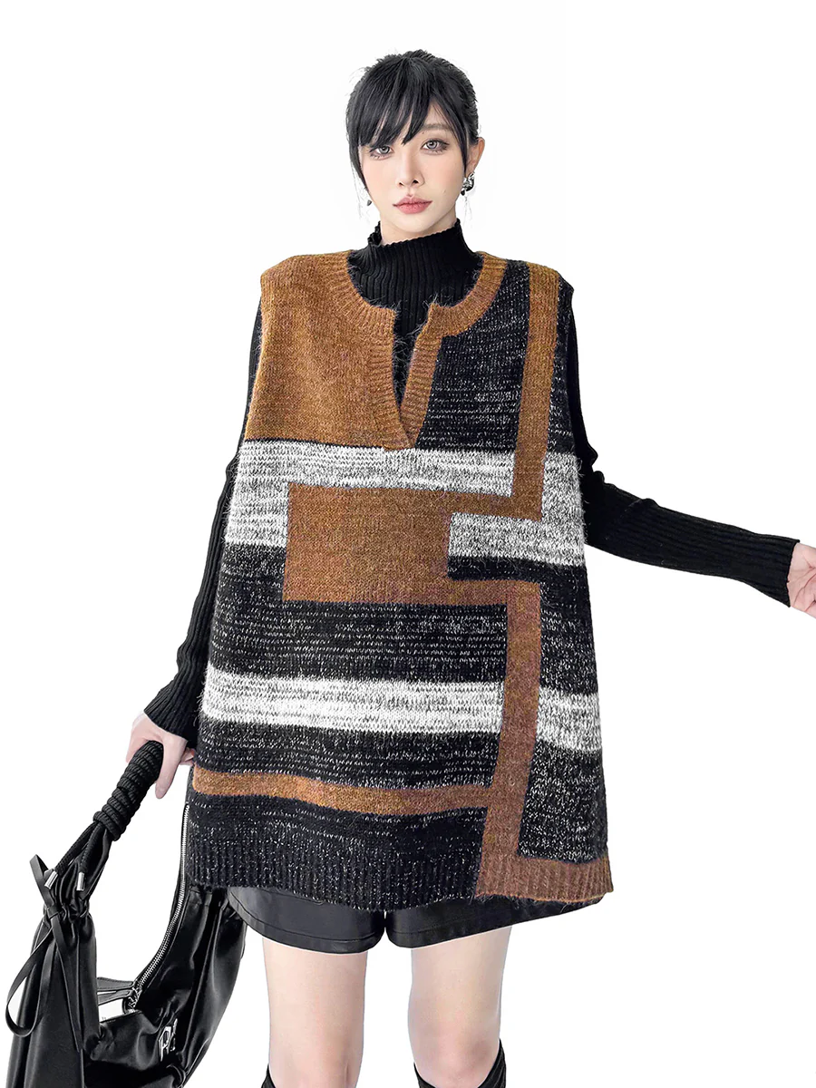 Loose Sleeveless Contrast Color Geometric Split-Joint Striped V-Neck Outerwear Vest Top - Image 10