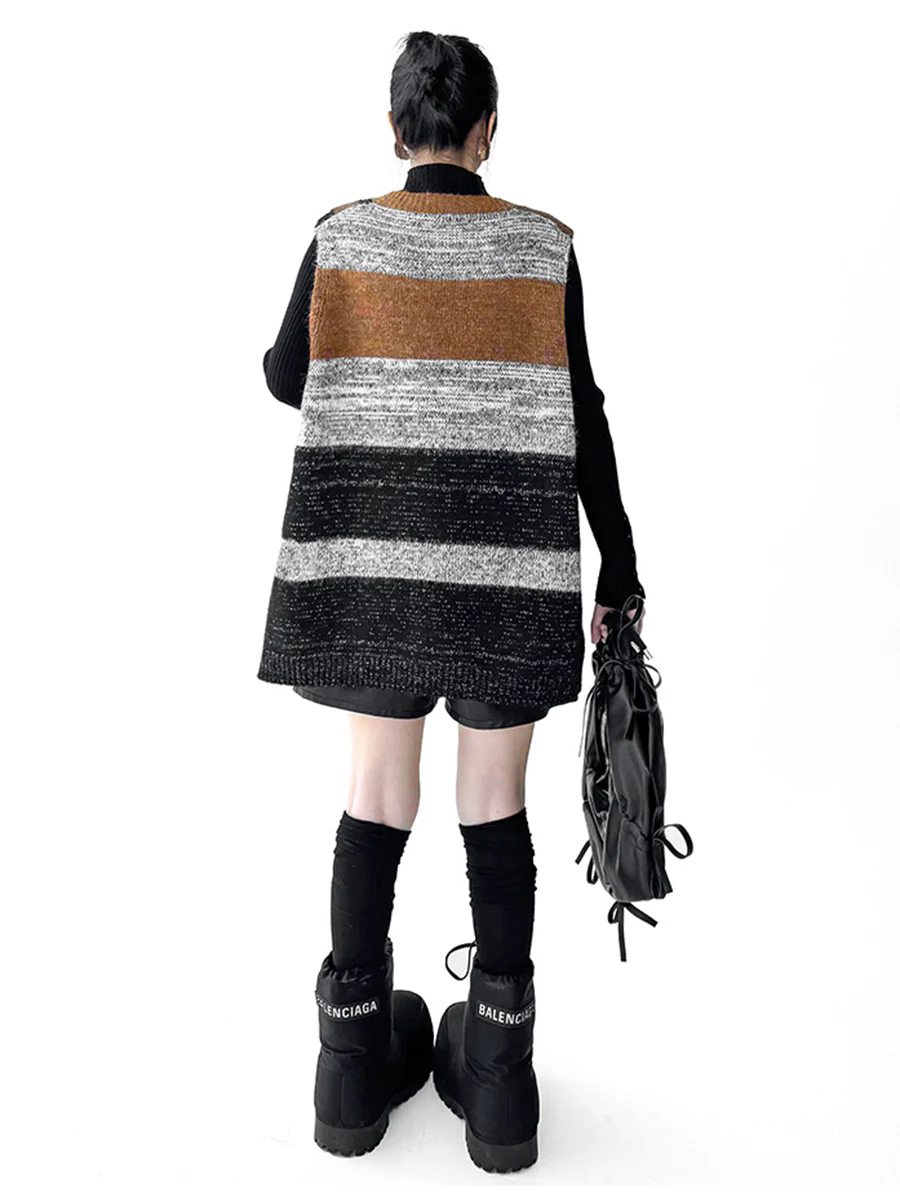 Loose Sleeveless Contrast Color Geometric Split-Joint Striped V-Neck Outerwear Vest Top - Image 12