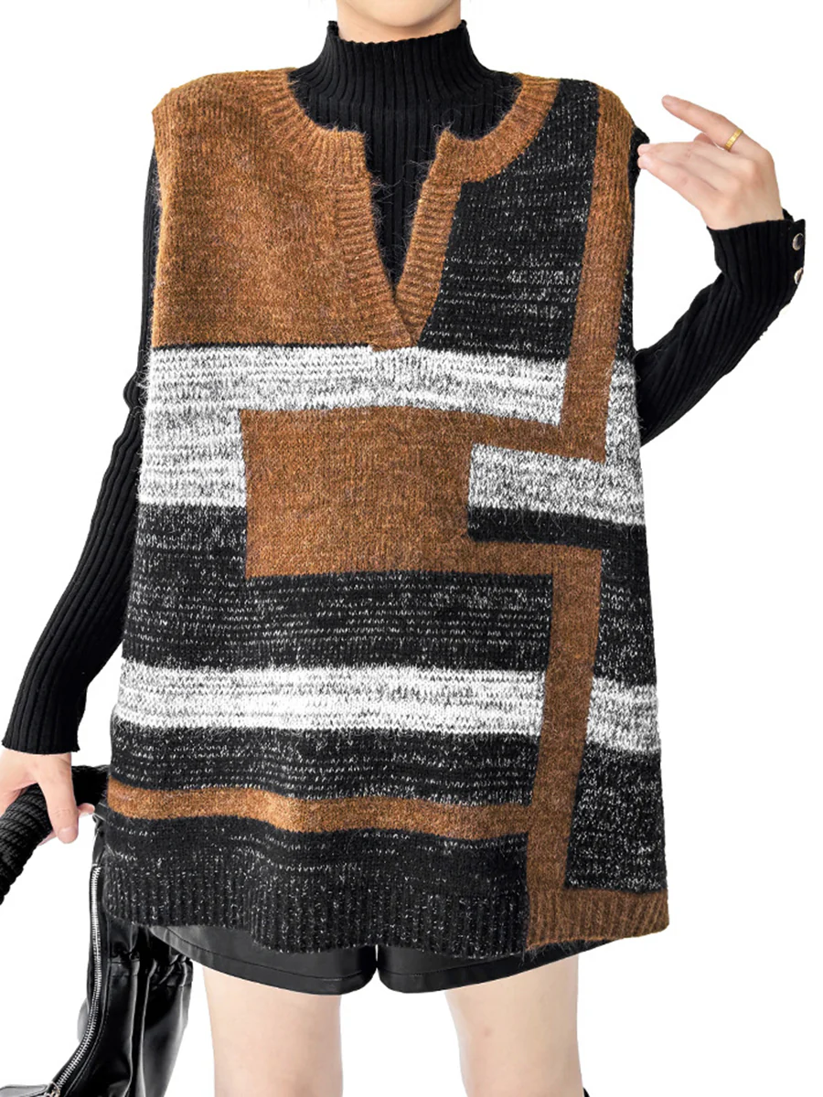 Loose Sleeveless Contrast Color Geometric Split-Joint Striped V-Neck Outerwear Vest Top - Image 13