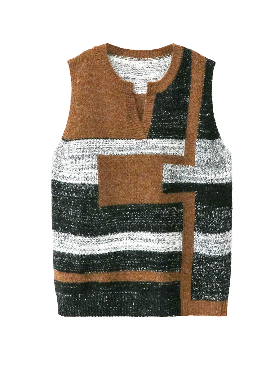 Loose Sleeveless Contrast Color Geometric Split-Joint Striped V-Neck Outerwear Vest Top - Image 14