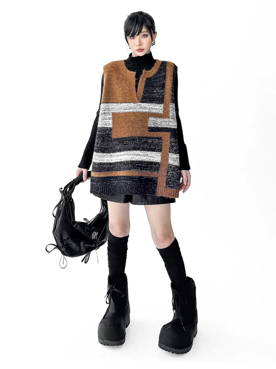 Loose Sleeveless Contrast Color Geometric Split-Joint Striped V-Neck Outerwear Vest Top - Image 4