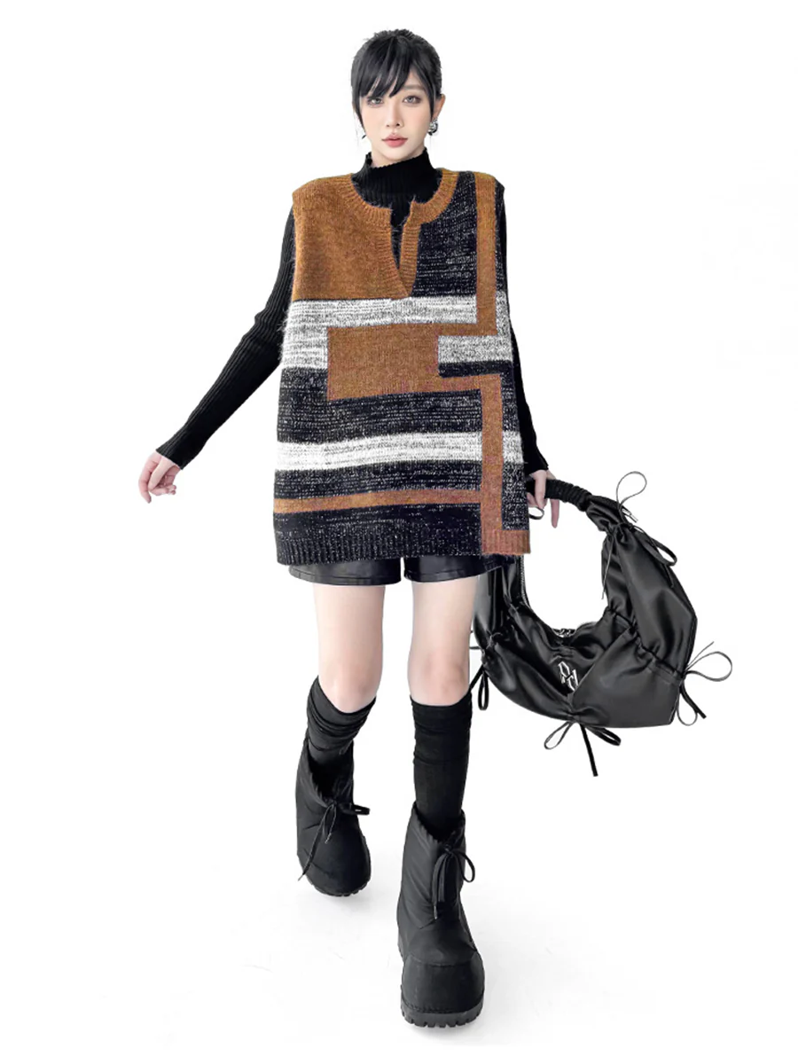 Loose Sleeveless Contrast Color Geometric Split-Joint Striped V-Neck Outerwear Vest Top - Image 5