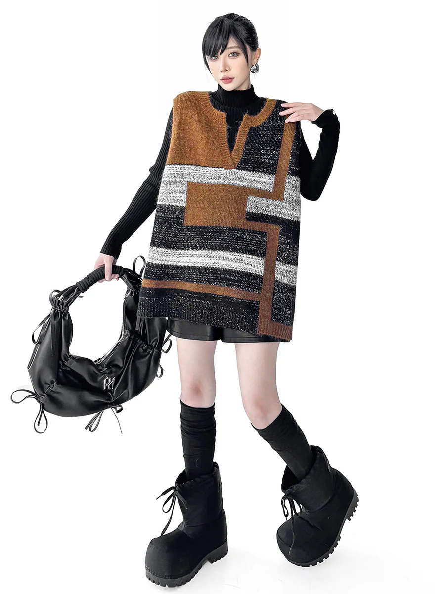 Loose Sleeveless Contrast Color Geometric Split-Joint Striped V-Neck Outerwear Vest Top - Image 6