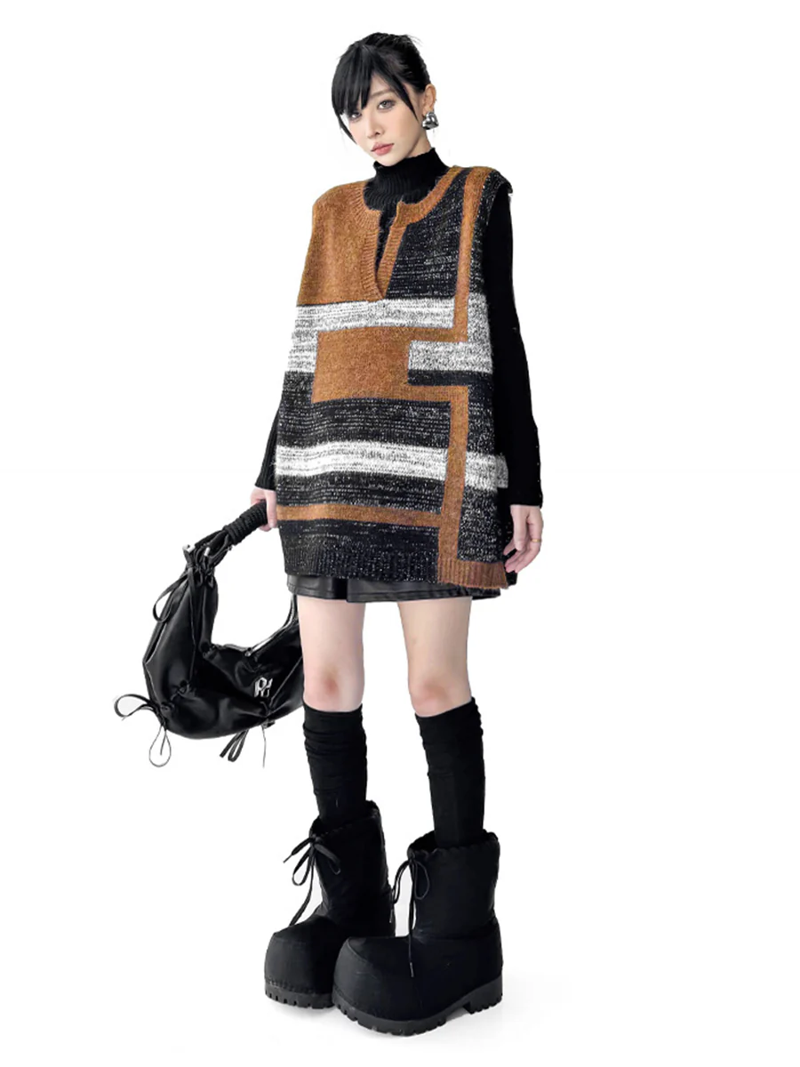 Loose Sleeveless Contrast Color Geometric Split-Joint Striped V-Neck Outerwear Vest Top - Image 7