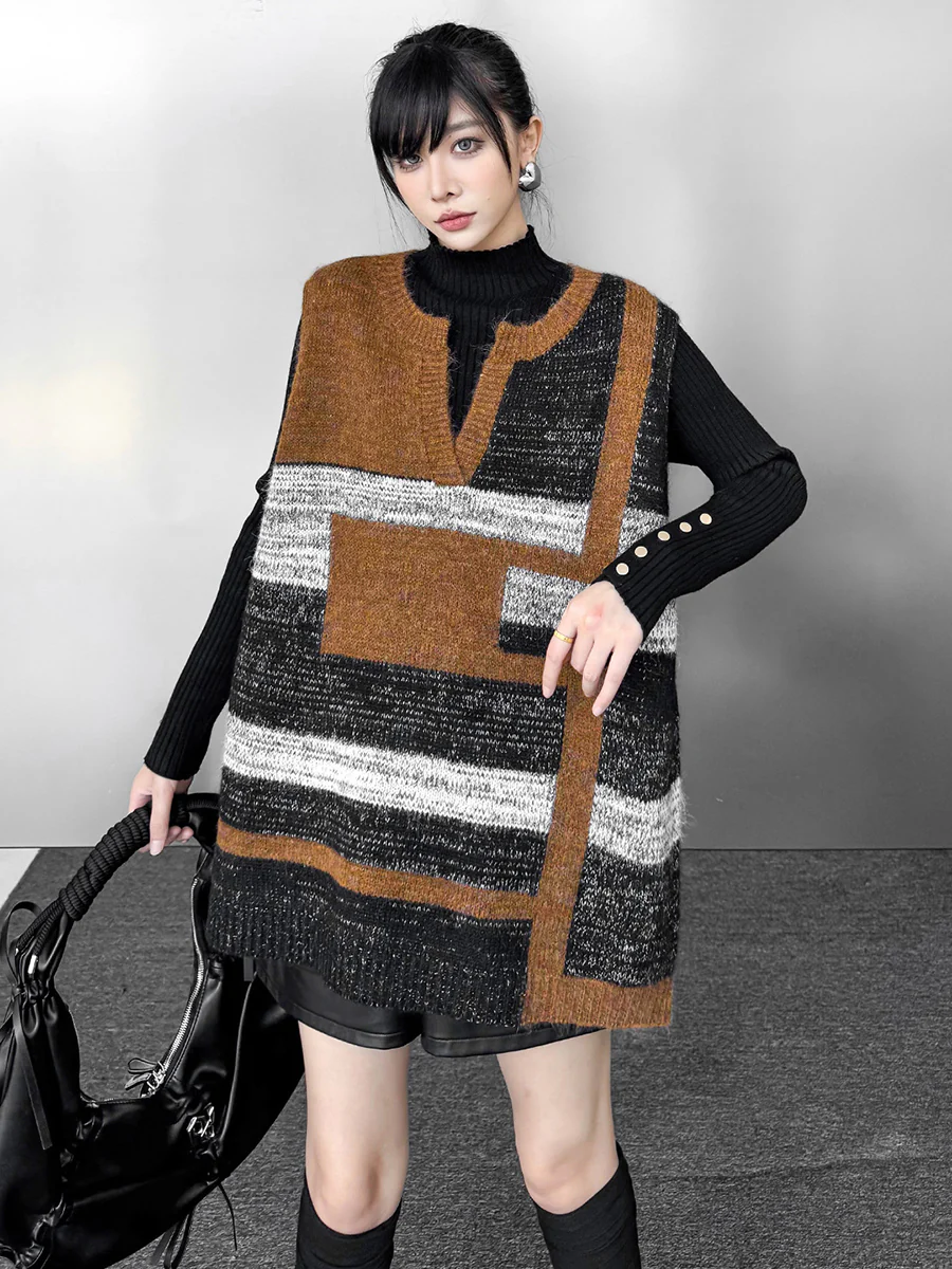 Loose Sleeveless Contrast Color Geometric Split-Joint Striped V-Neck Outerwear Vest Top - Image 8