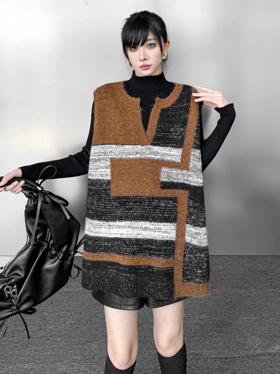 Loose Sleeveless Contrast Color Geometric Split-Joint Striped V-Neck Outerwear Vest Top - Image 9