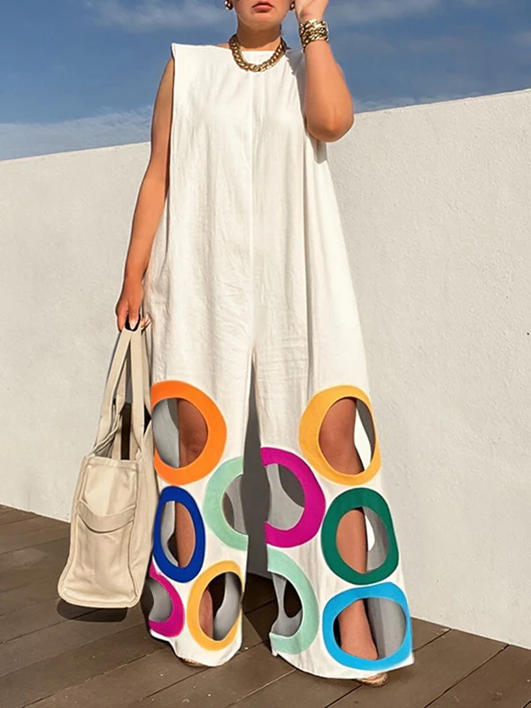 Loose Sleeveless Contrast Color Hollow Jumpsuits