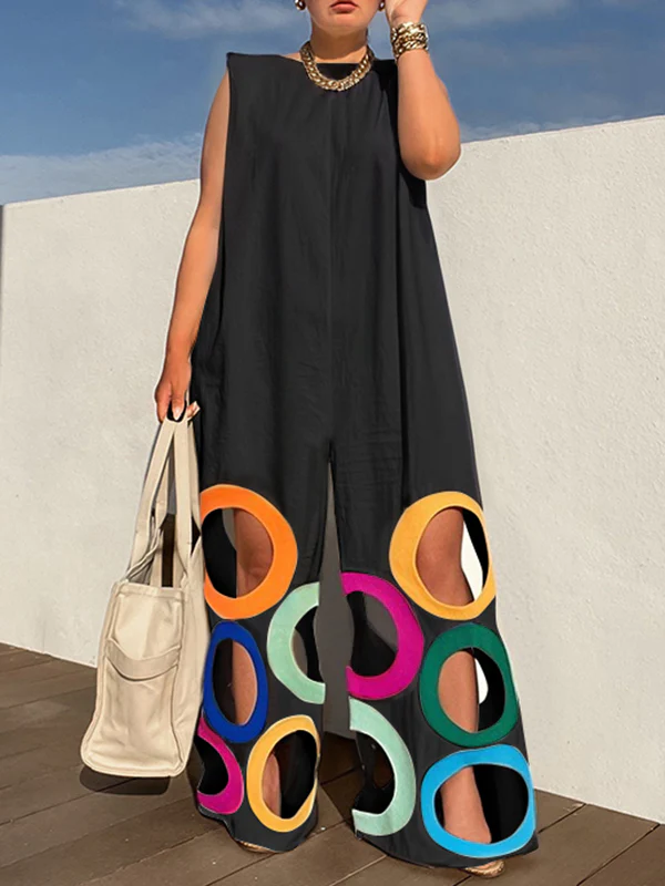 Loose Sleeveless Contrast Color Hollow Jumpsuits - Image 2