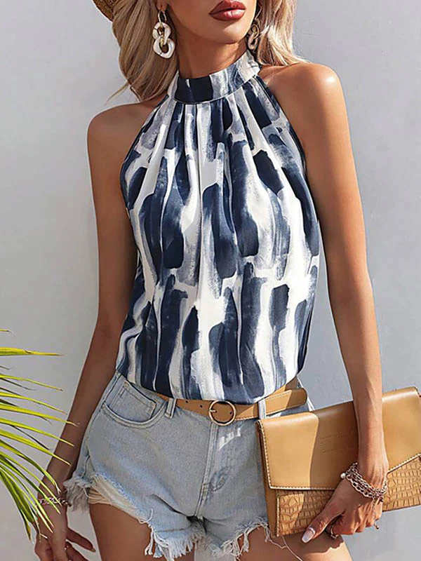 Loose Sleeveless Contrast Color Hollow Pleated Halter-Neck Vest Top - Image 6