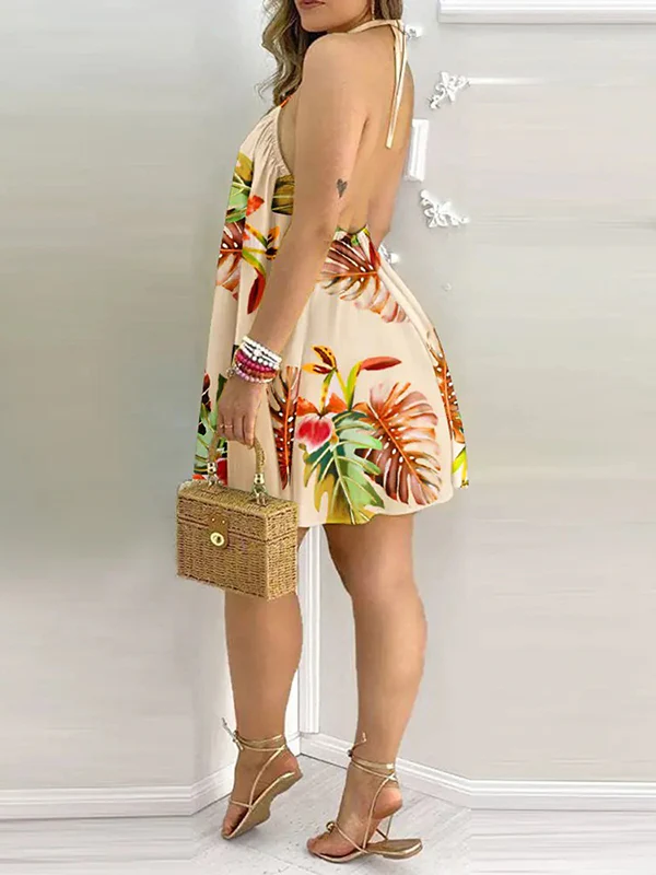Loose Sleeveless Contrast Color Leaf Printed Halter-Neck Mini Dresses - Image 2