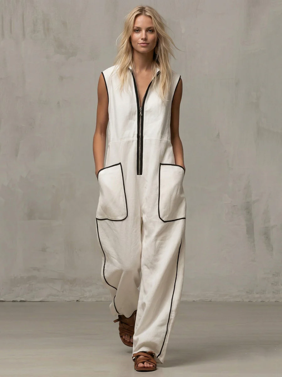 Loose Sleeveless Contrast Color Line Pockets Split-Joint Zipper Stand Collar Jumpsuits - Image 2