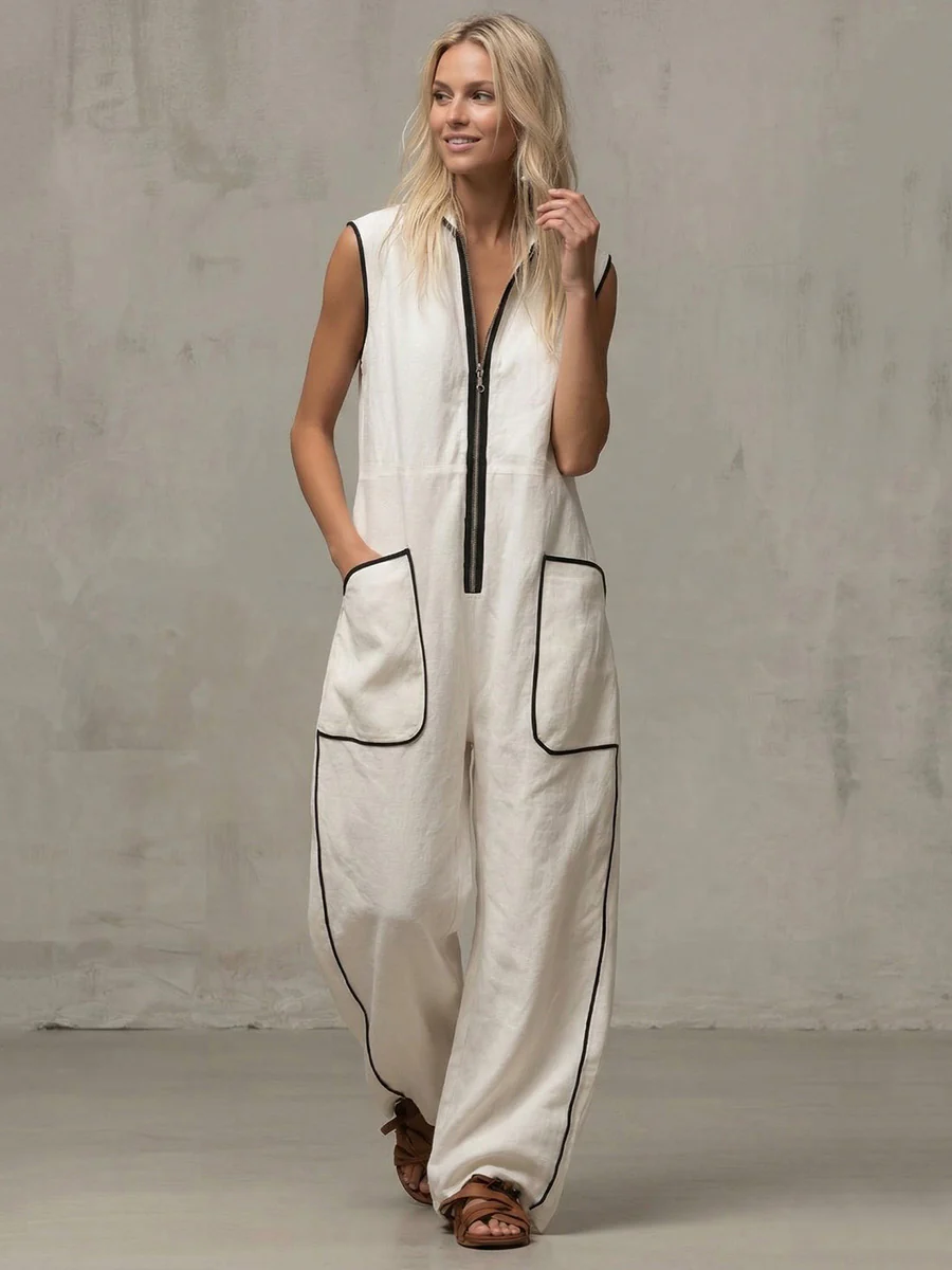 Loose Sleeveless Contrast Color Line Pockets Split-Joint Zipper Stand Collar Jumpsuits - Image 3