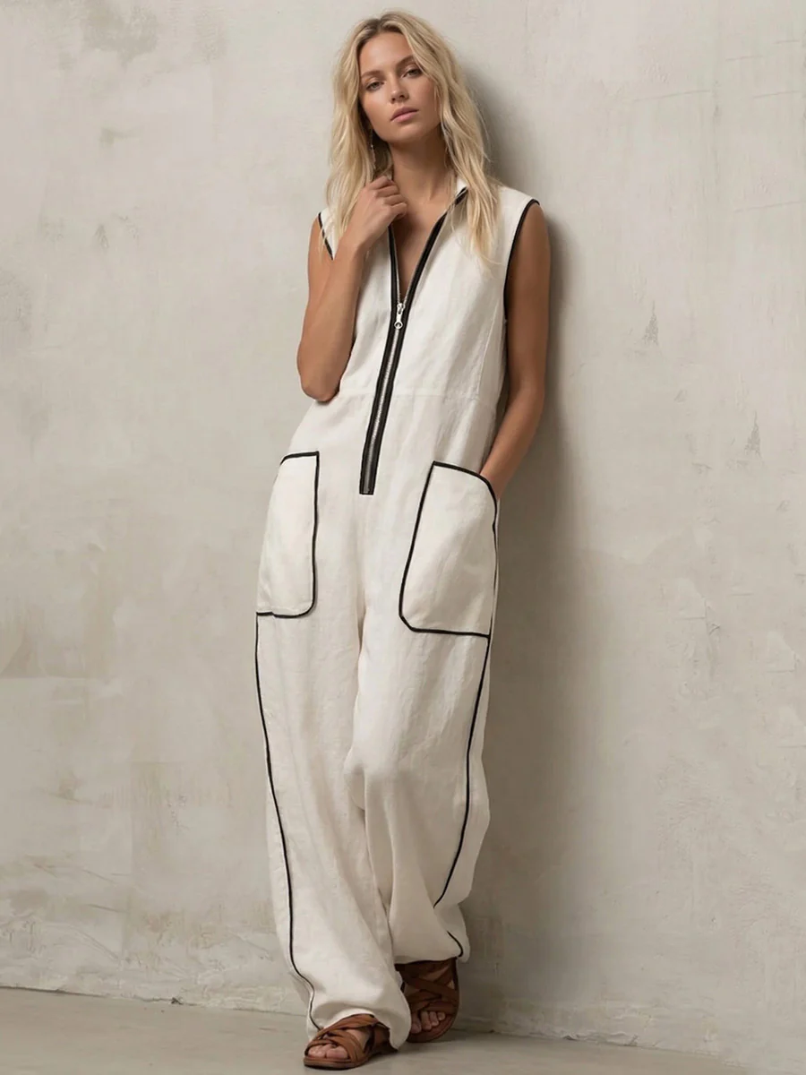 Loose Sleeveless Contrast Color Line Pockets Split-Joint Zipper Stand Collar Jumpsuits - Image 4
