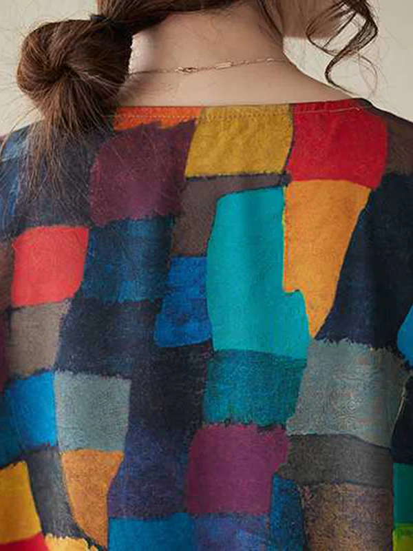 Loose Sleeveless Contrast Color Multi-Colored Plaid Round-Neck Midi Dresses - Image 10