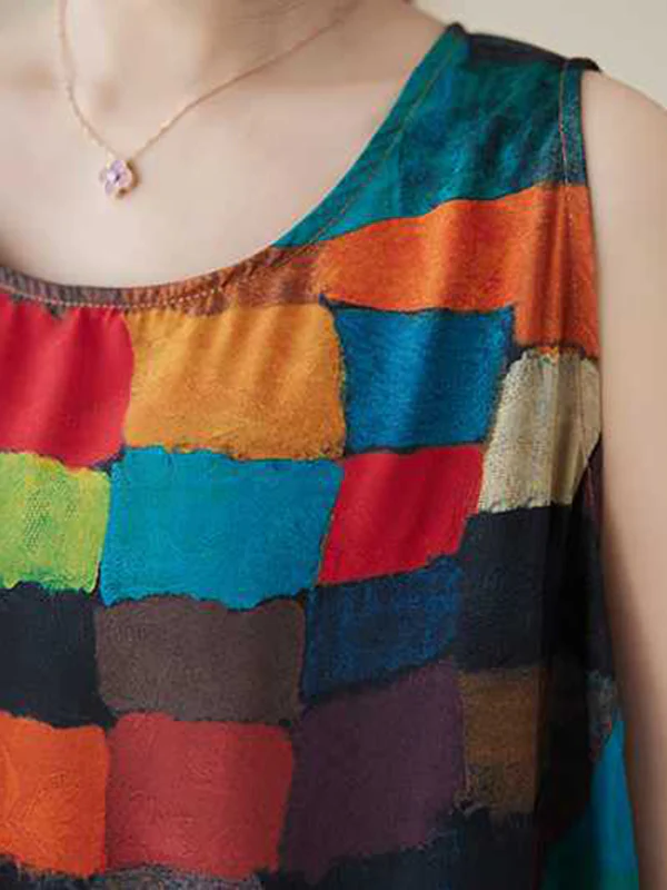 Loose Sleeveless Contrast Color Multi-Colored Plaid Round-Neck Midi Dresses - Image 11
