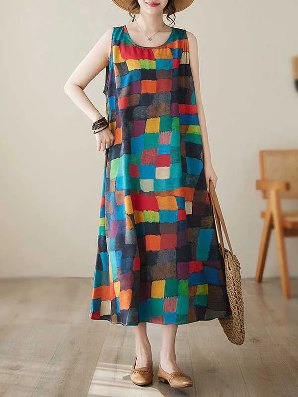 Loose Sleeveless Contrast Color Multi-Colored Plaid Round-Neck Midi Dresses - Image 2