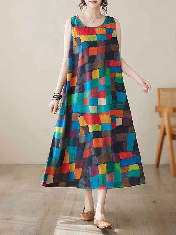 Loose Sleeveless Contrast Color Multi-Colored Plaid Round-Neck Midi Dresses - Image 3