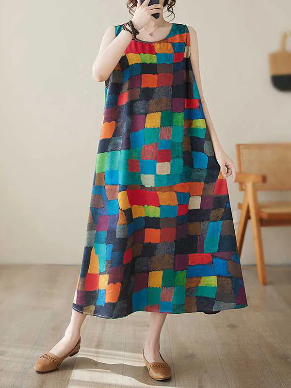 Loose Sleeveless Contrast Color Multi-Colored Plaid Round-Neck Midi Dresses - Image 4