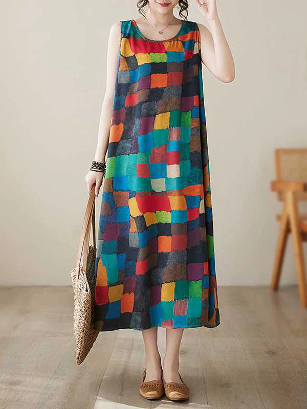 Loose Sleeveless Contrast Color Multi-Colored Plaid Round-Neck Midi Dresses - Image 5