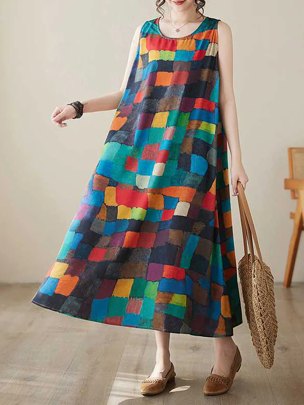 Loose Sleeveless Contrast Color Multi-Colored Plaid Round-Neck Midi Dresses - Image 6