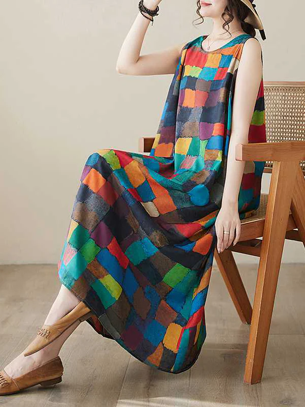 Loose Sleeveless Contrast Color Multi-Colored Plaid Round-Neck Midi Dresses - Image 7