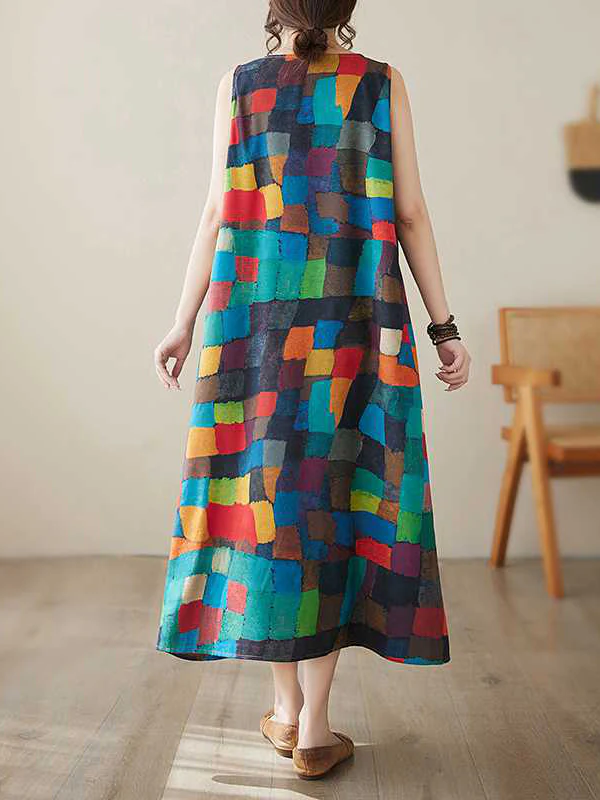 Loose Sleeveless Contrast Color Multi-Colored Plaid Round-Neck Midi Dresses - Image 8