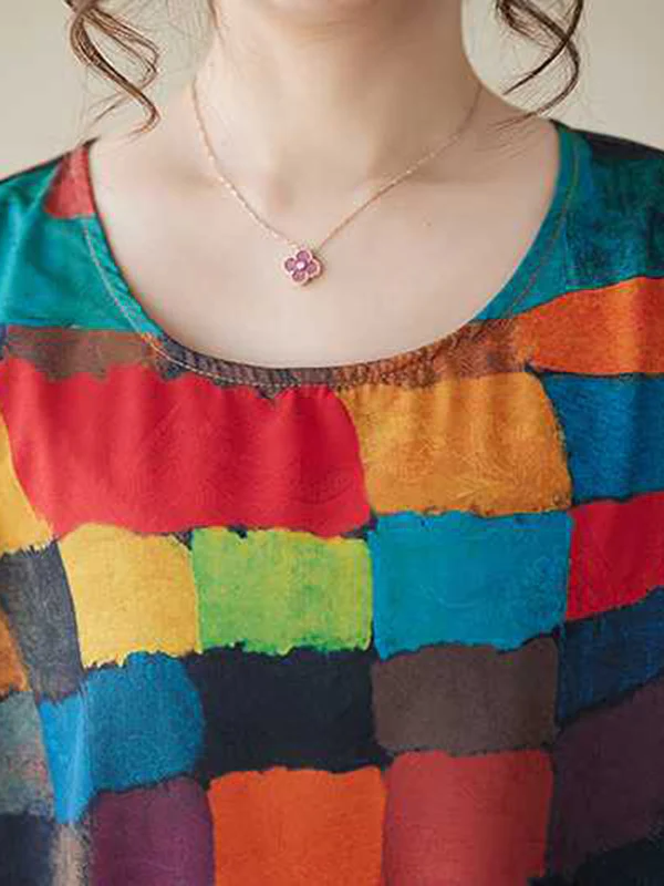 Loose Sleeveless Contrast Color Multi-Colored Plaid Round-Neck Midi Dresses - Image 9