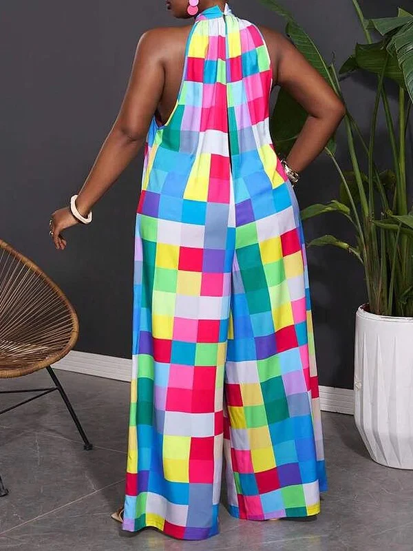 Loose Sleeveless Contrast Color Plaid Pleated Halter-Neck Jumpsuits - Image 2