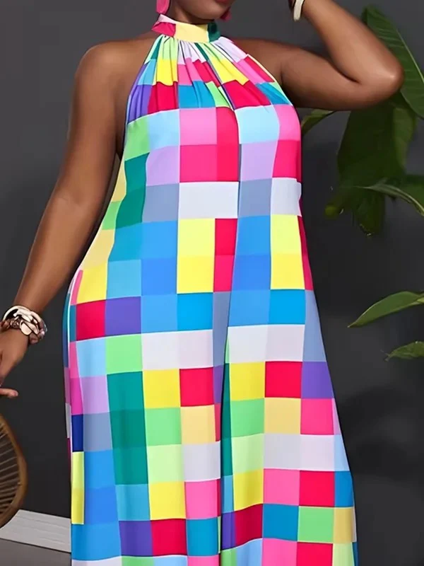Loose Sleeveless Contrast Color Plaid Pleated Halter-Neck Jumpsuits - Image 3