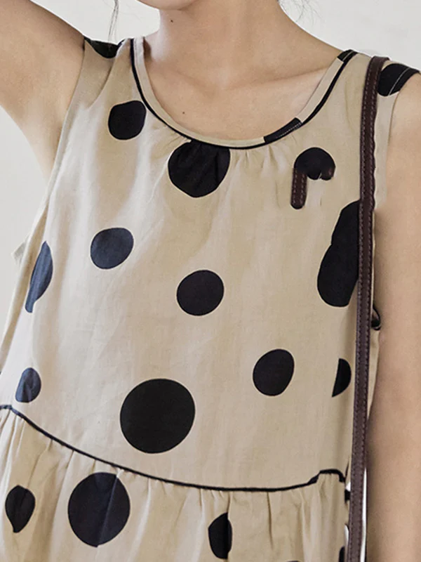 Loose Sleeveless Contrast Color Pleated Polka-Dot Split-Joint Tied Waist Round-Neck Midi Dresses - Image 10