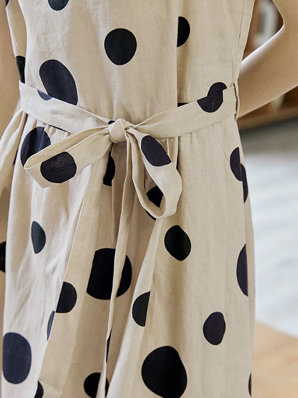 Loose Sleeveless Contrast Color Pleated Polka-Dot Split-Joint Tied Waist Round-Neck Midi Dresses - Image 12