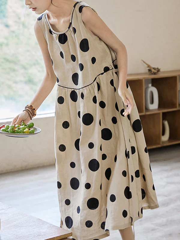 Loose Sleeveless Contrast Color Pleated Polka-Dot Split-Joint Tied Waist Round-Neck Midi Dresses - Image 3