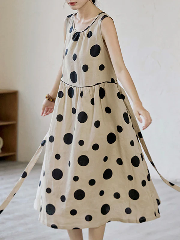 Loose Sleeveless Contrast Color Pleated Polka-Dot Split-Joint Tied Waist Round-Neck Midi Dresses - Image 4