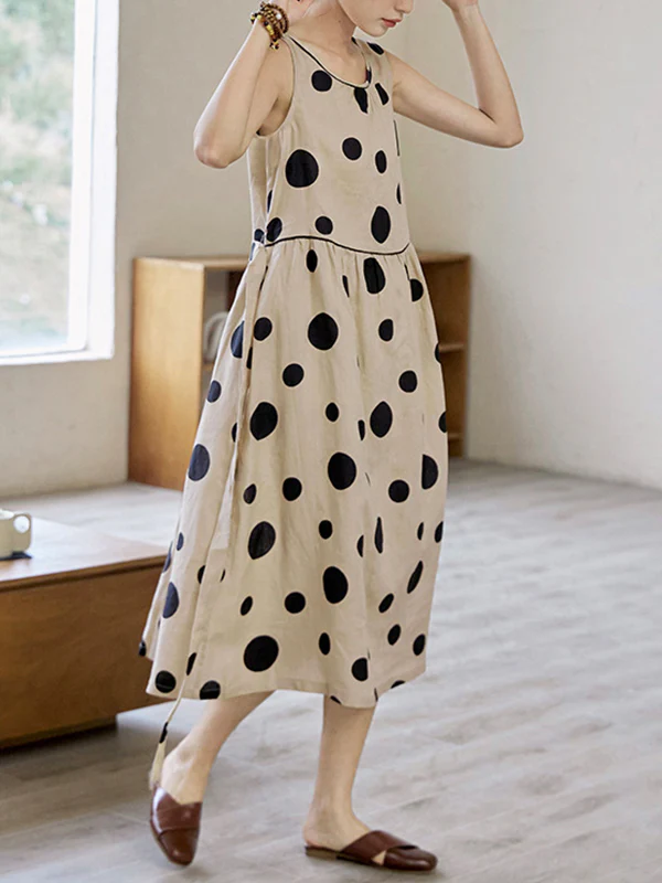Loose Sleeveless Contrast Color Pleated Polka-Dot Split-Joint Tied Waist Round-Neck Midi Dresses - Image 5