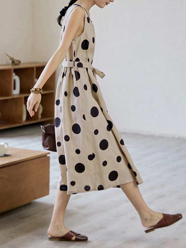 Loose Sleeveless Contrast Color Pleated Polka-Dot Split-Joint Tied Waist Round-Neck Midi Dresses - Image 6
