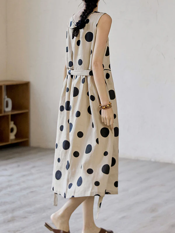 Loose Sleeveless Contrast Color Pleated Polka-Dot Split-Joint Tied Waist Round-Neck Midi Dresses - Image 7