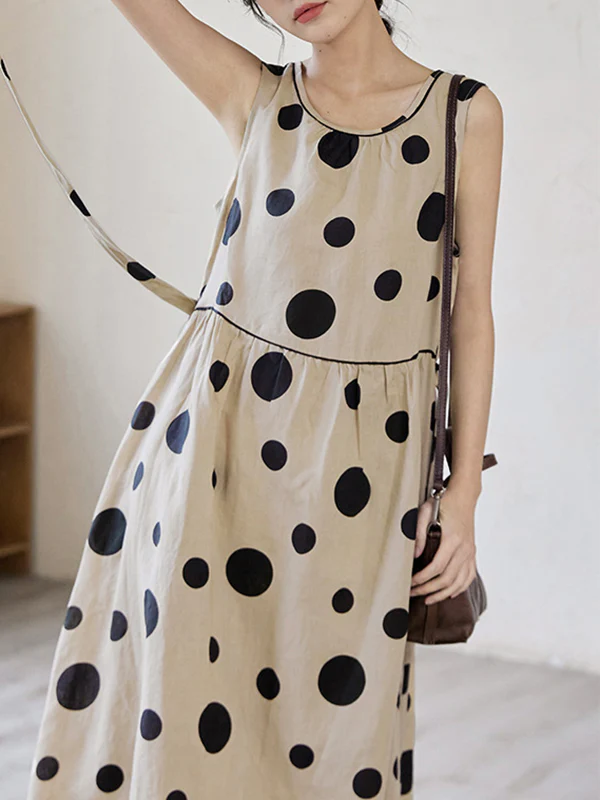 Loose Sleeveless Contrast Color Pleated Polka-Dot Split-Joint Tied Waist Round-Neck Midi Dresses - Image 9