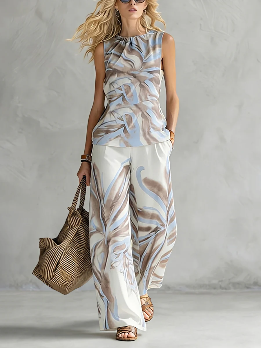 Loose Sleeveless Contrast Color Pleated Printed Round-Neck Blouses&Shirts Tops - Image 2