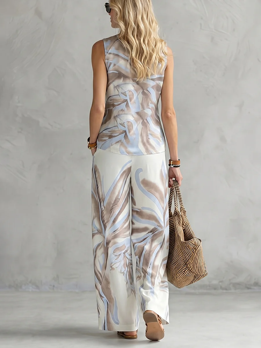 Loose Sleeveless Contrast Color Pleated Printed Round-Neck Blouses&Shirts Tops - Image 4