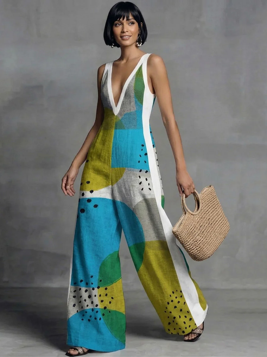 Loose Sleeveless Contrast Color Pockets Polka-Dot Printed Split-Joint Deep V-Neck Jumpsuits - Image 2
