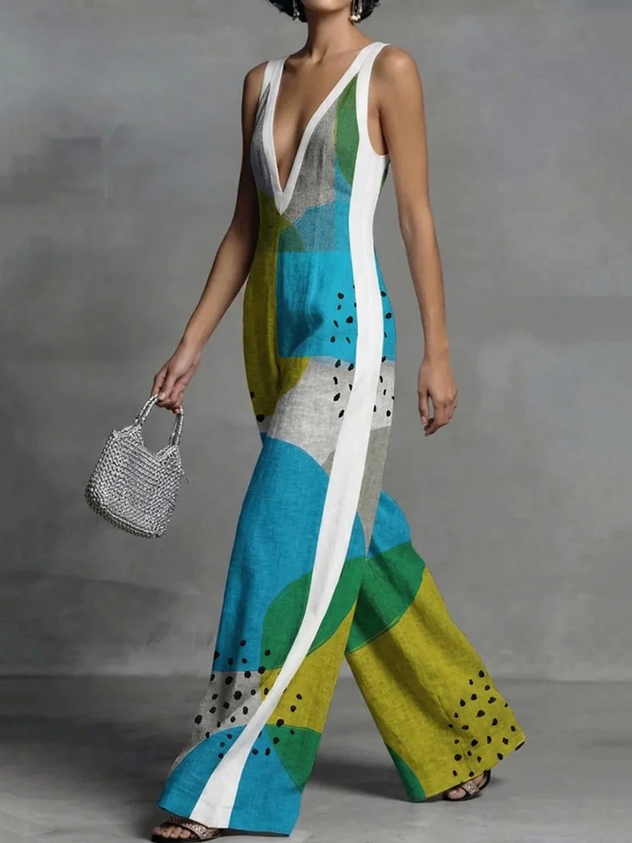 Loose Sleeveless Contrast Color Pockets Polka-Dot Printed Split-Joint Deep V-Neck Jumpsuits - Image 3