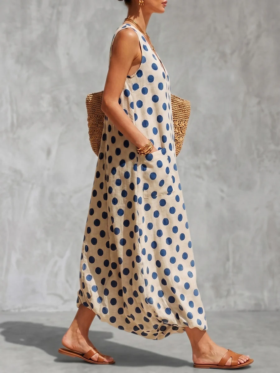 Loose Sleeveless Contrast Color Pockets Polka-Dot V-Neck Maxi Dresses - Image 2