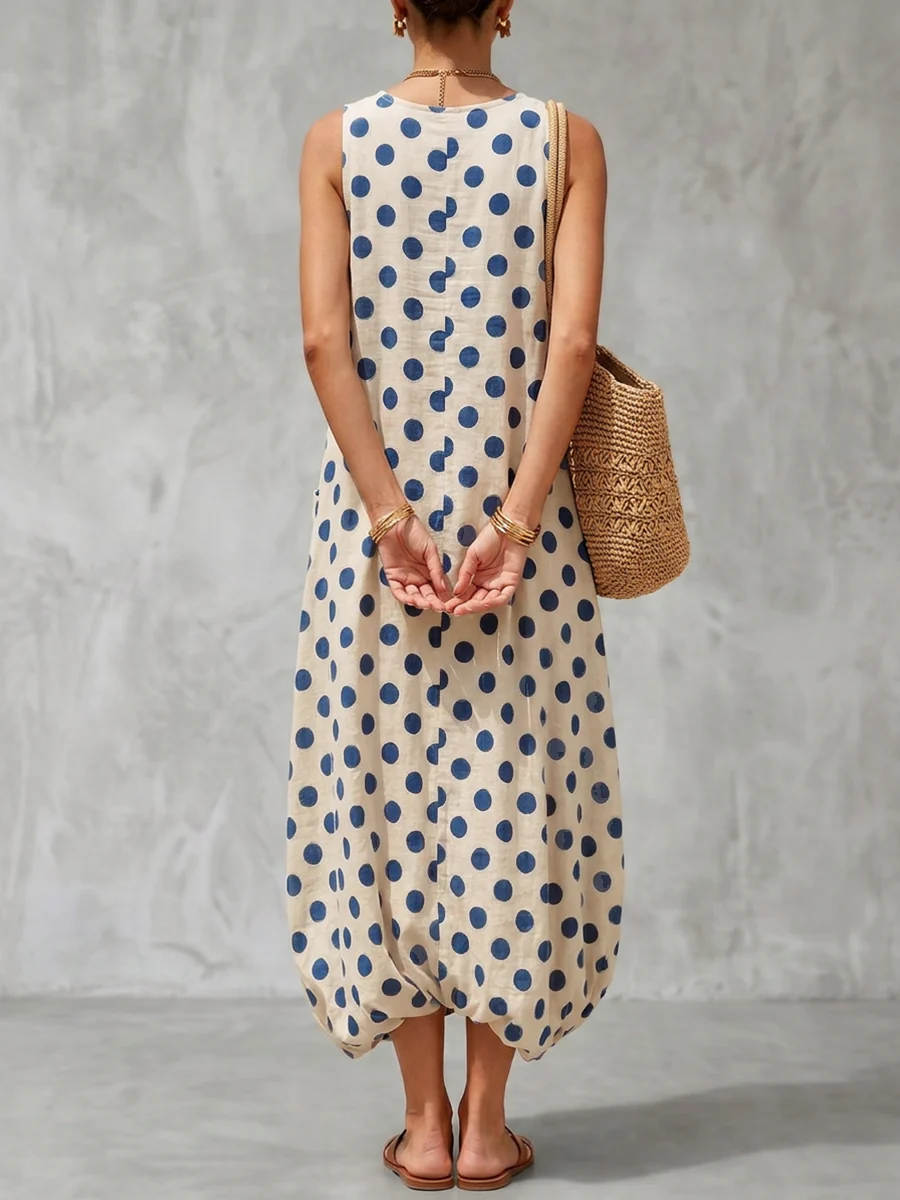 Loose Sleeveless Contrast Color Pockets Polka-Dot V-Neck Maxi Dresses - Image 3