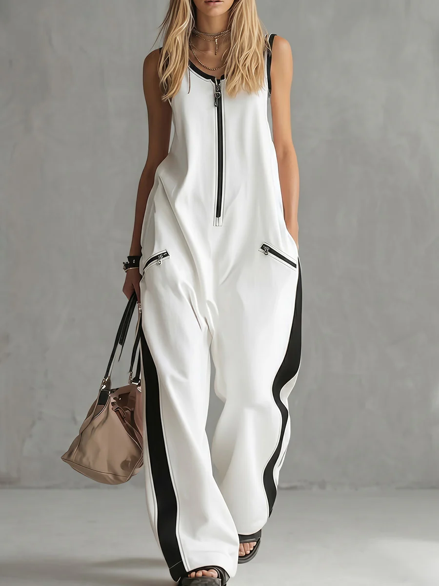 Loose Sleeveless Contrast Color Pockets Zipper V-Neck Jumpsuits