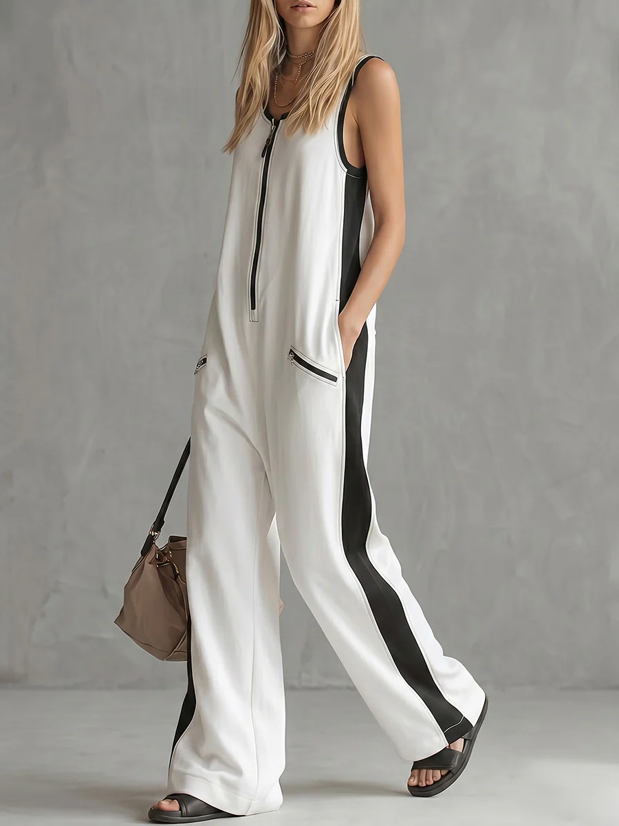 Loose Sleeveless Contrast Color Pockets Zipper V-Neck Jumpsuits - Image 2