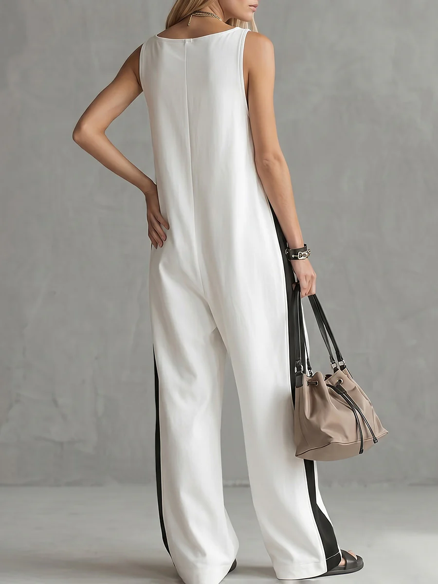 Loose Sleeveless Contrast Color Pockets Zipper V-Neck Jumpsuits - Image 3