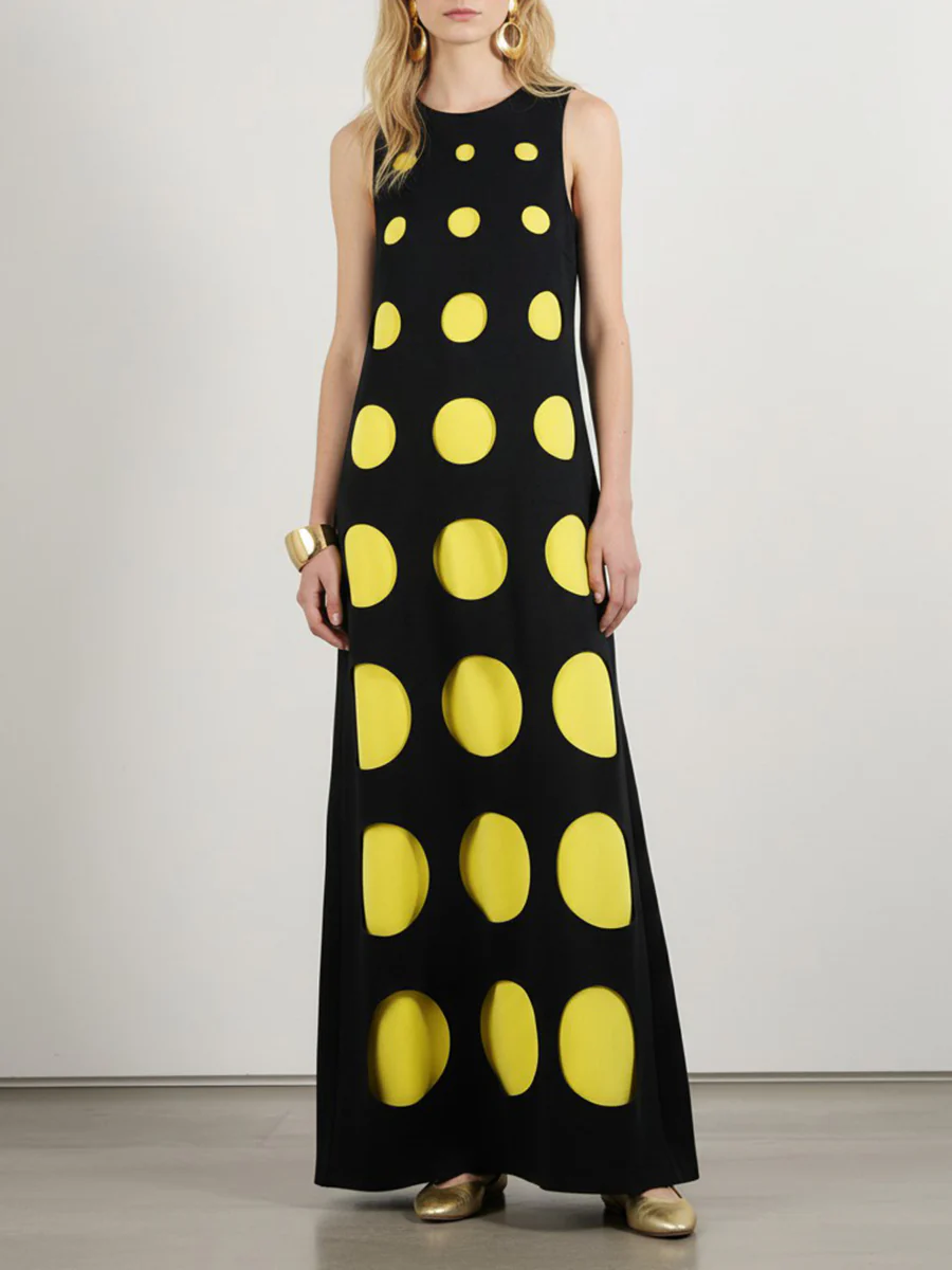 Loose Sleeveless Contrast Color Polka-Dot Split-Joint Round-Neck Maxi Dresses - Image 2