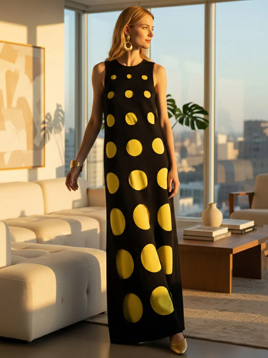 Loose Sleeveless Contrast Color Polka-Dot Split-Joint Round-Neck Maxi Dresses - Image 4