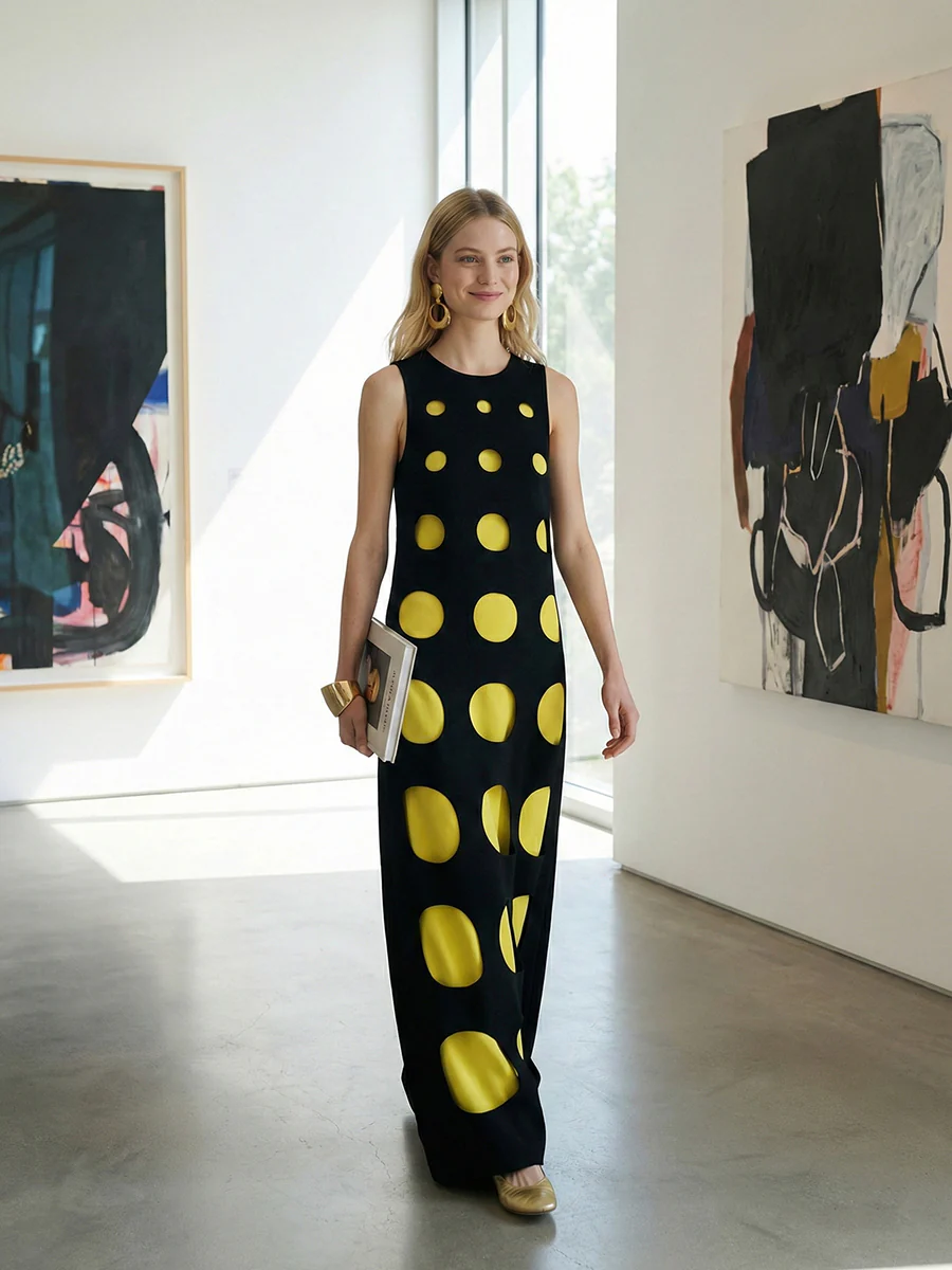 Loose Sleeveless Contrast Color Polka-Dot Split-Joint Round-Neck Maxi Dresses - Image 5
